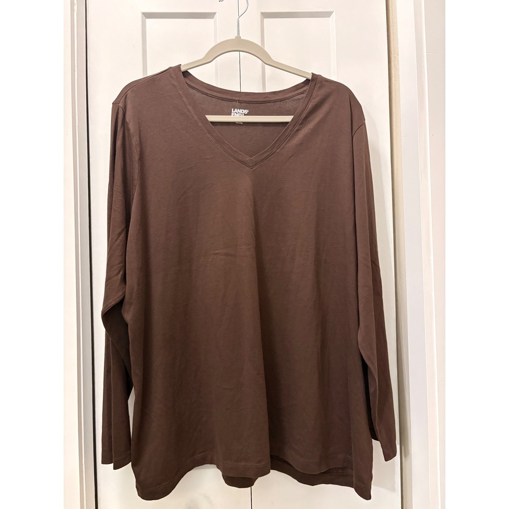 Lands End Womens 2X Brown V-Neck Long Sleeve Cotton Jersey T-Shirt 20W-22W